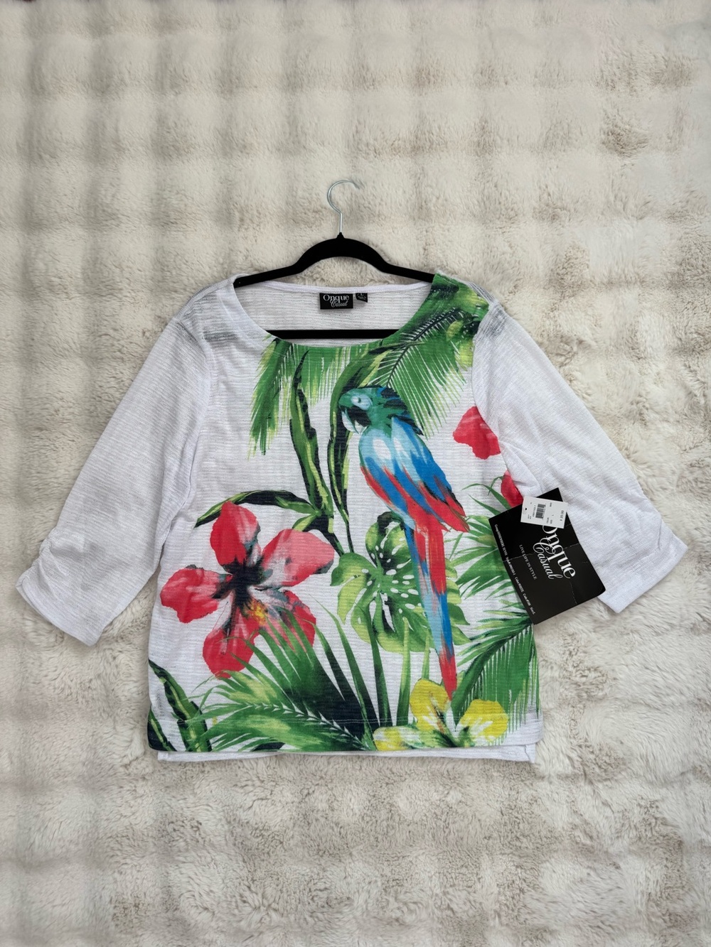 Onque Casuals White Top with Black Trim and Green Print - Picture 1 of 8